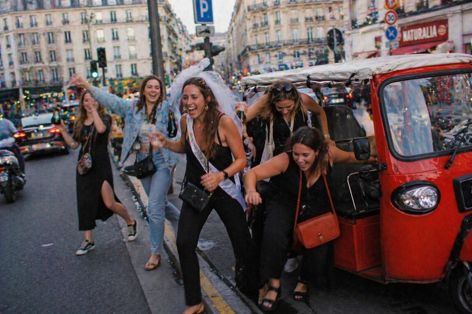 EVJF en tuktuk à Paris, groupe de copines joyeuses