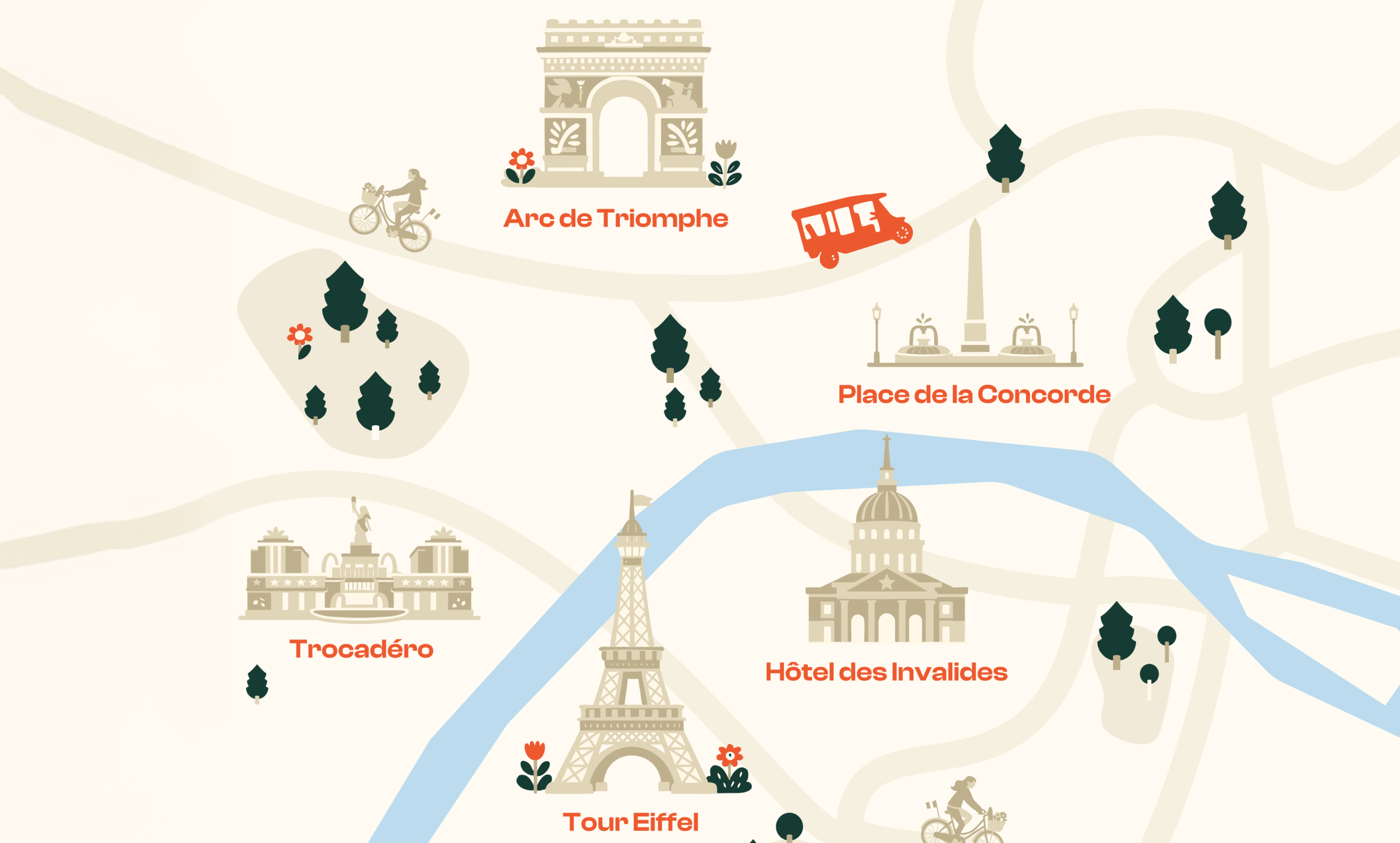 Carte illustrée des monuments de Paris pour le tour Champs-Elysées et Tour Eiffel Tuktuk Ride