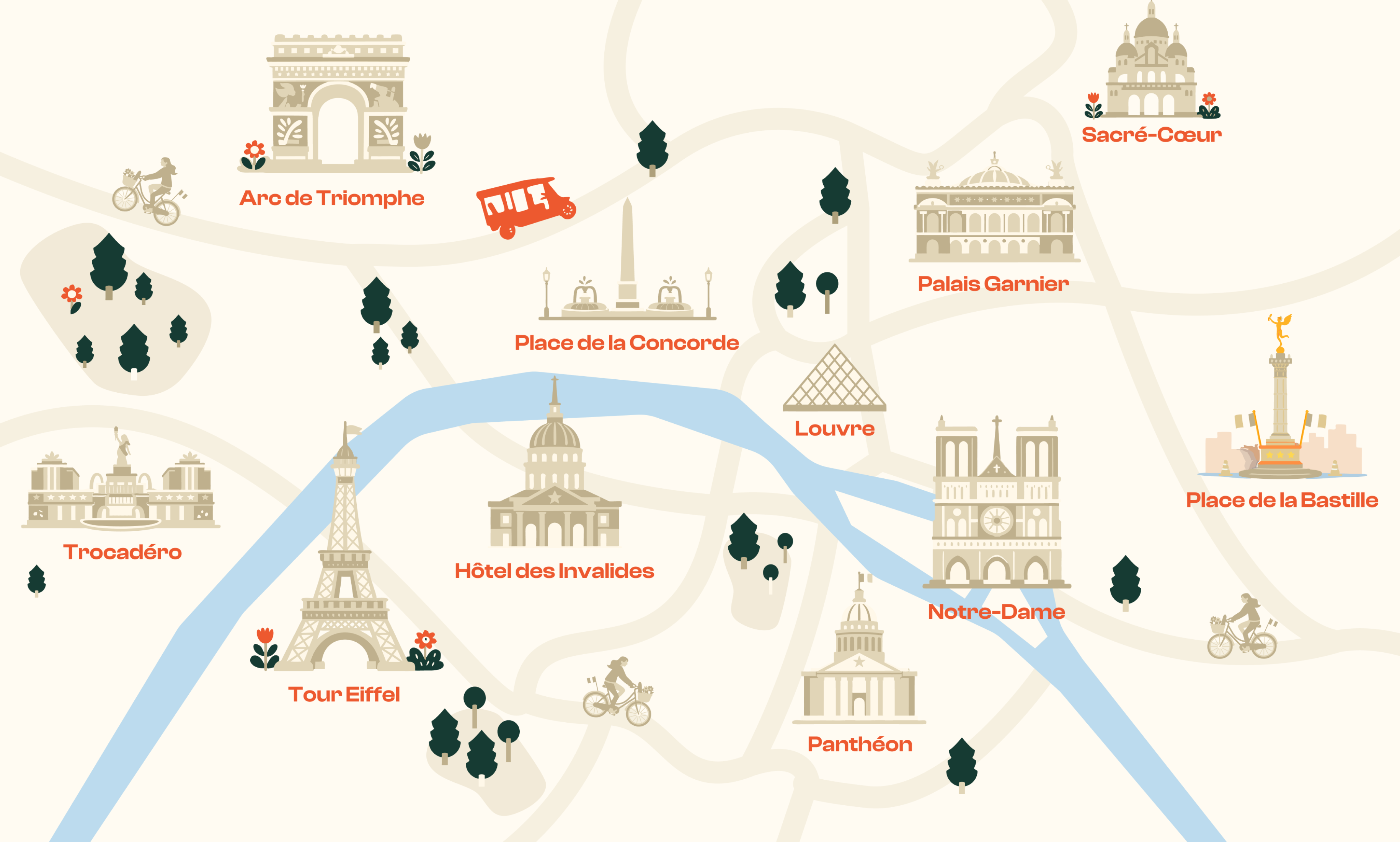 Carte illustrée des monuments de Paris pour le grand tour de Paris Tuktuk Ride