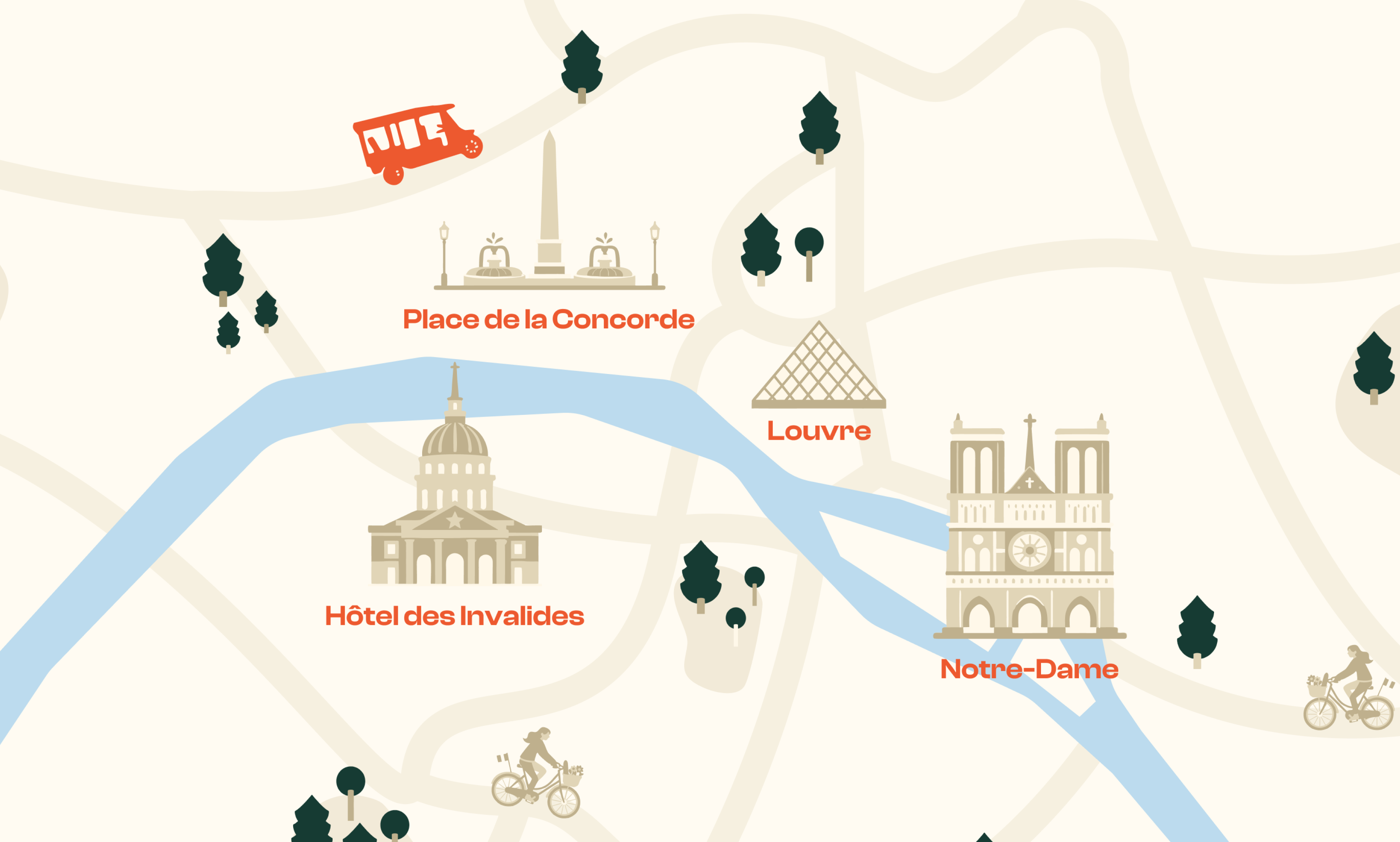 Carte illustrée des monuments de Paris pour le tour Paris Centre et Notre-Dame Tuktuk Ride