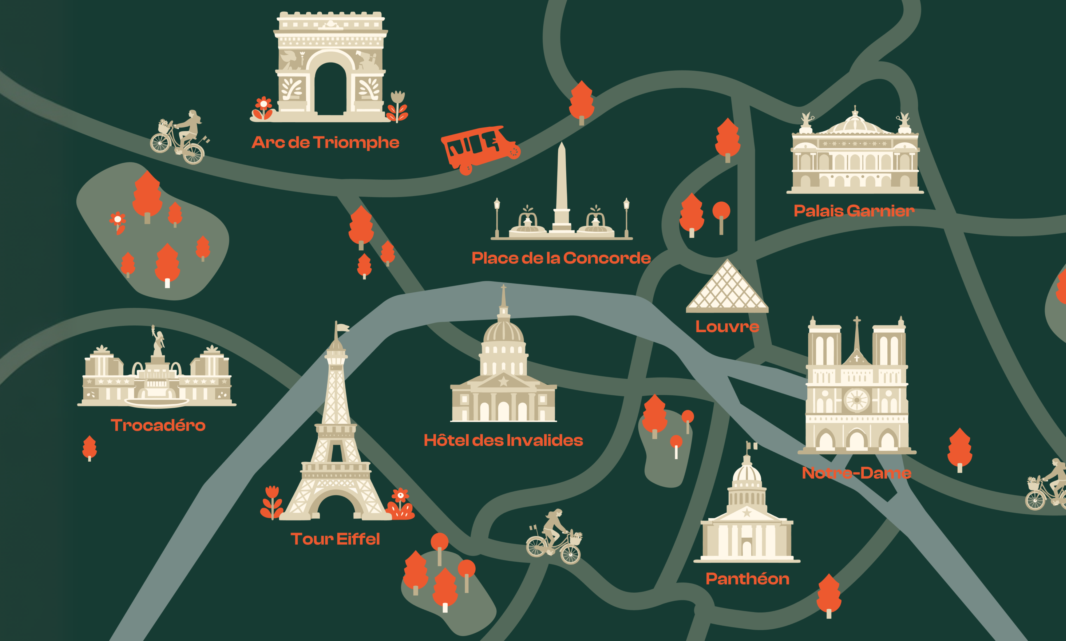 Carte illustrée des monuments de Paris de nuit pour le tour Paris by night classique Tuktuk Ride
