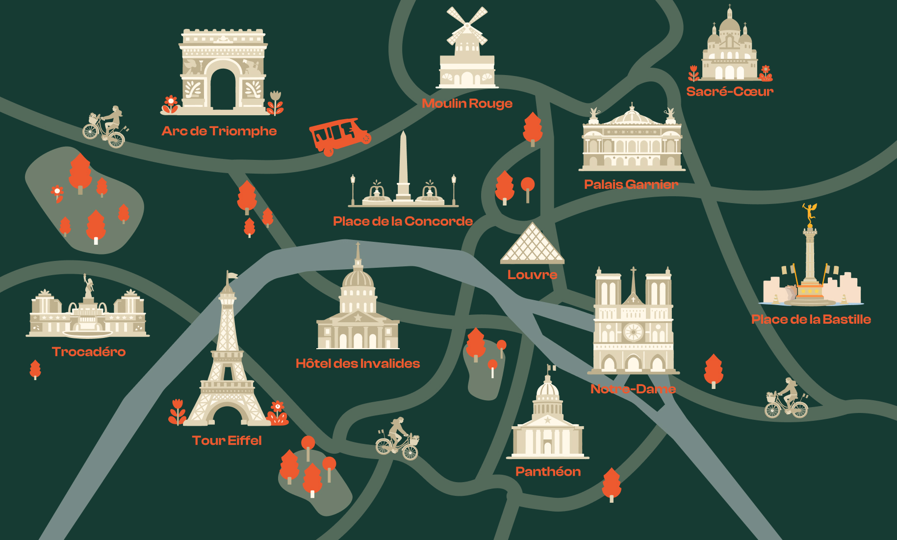 Carte illustrée des monuments de Paris pour les tours Tuktuk Ride