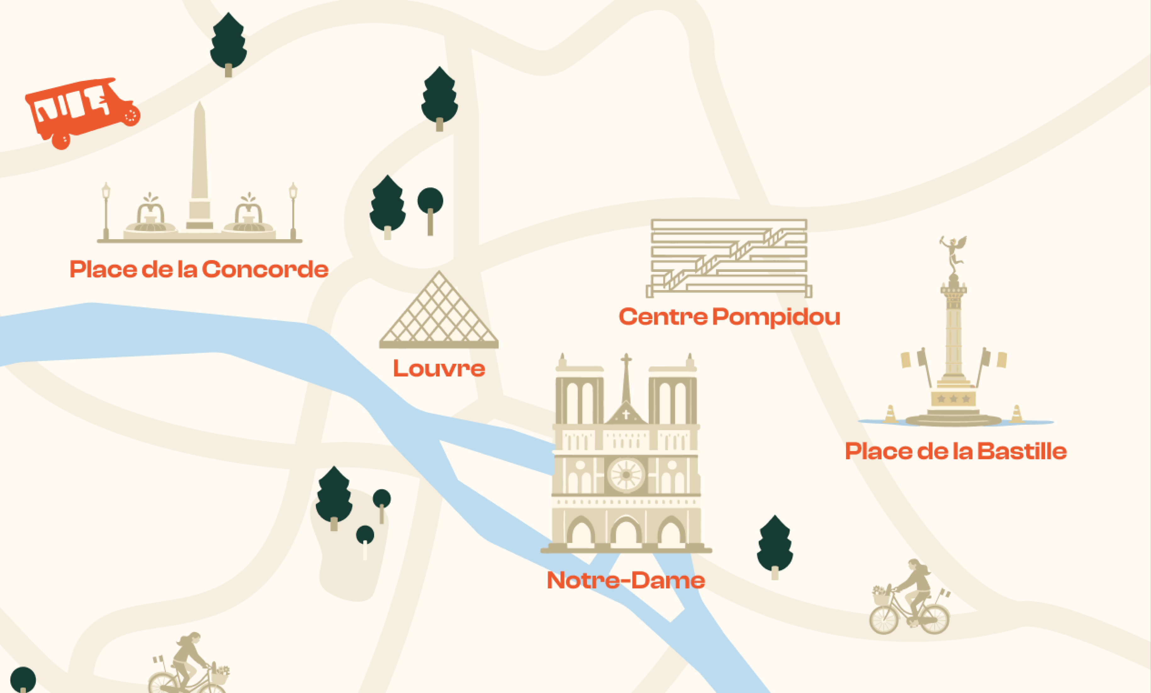 Carte illustrée des monuments de Paris pour le tour Paris Curieux Tuktuk Ride