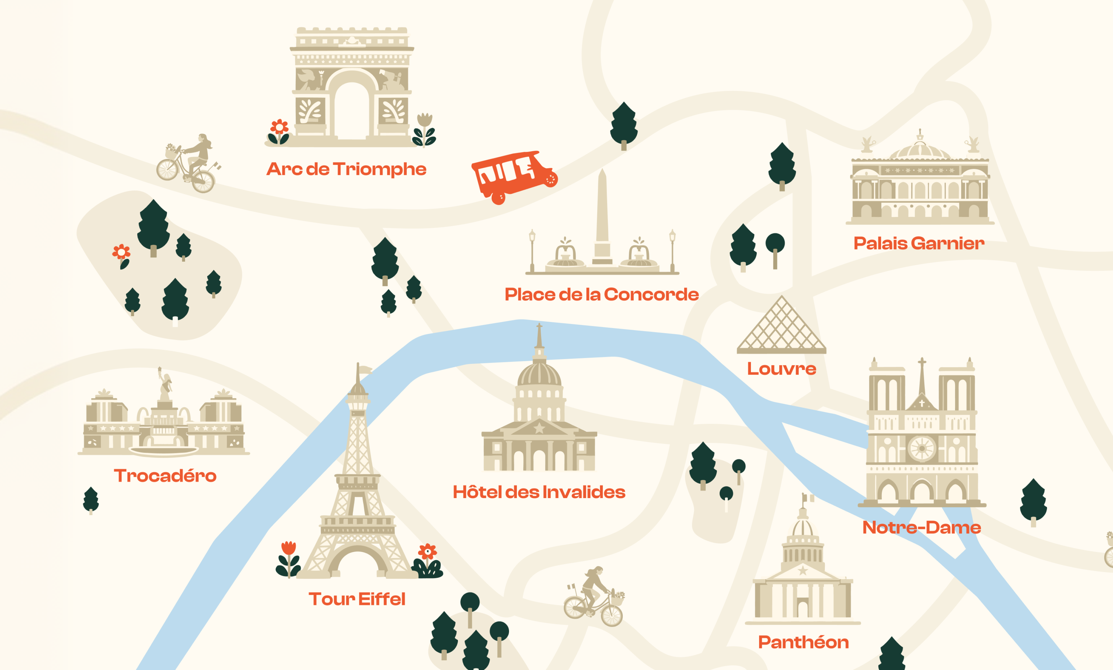 Carte illustrée des monuments de Paris pour le tour Paris Intemporel Tuktuk Ride