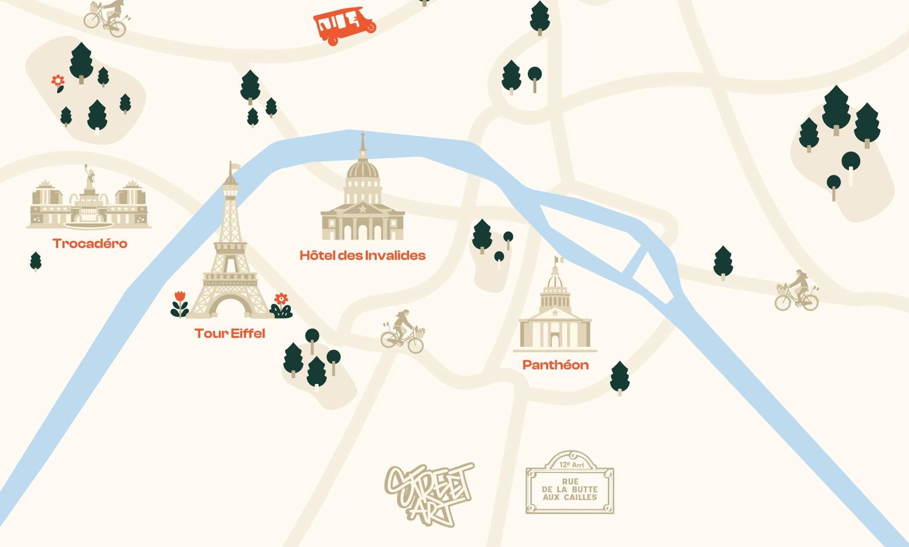 Carte illustrée du tour Paris secret rive gauche Tuktuk Ride à Paris