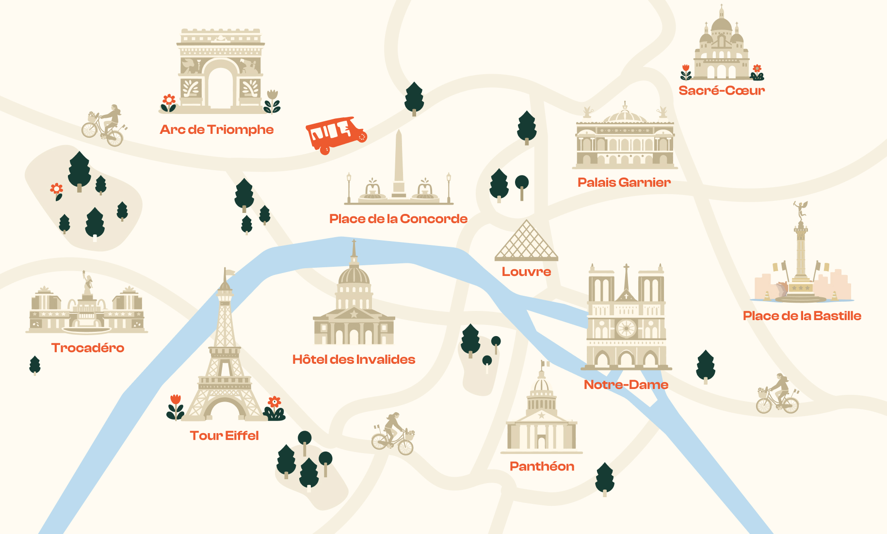 Carte illustrée du tour sur mesure 8h Tuktuk Ride à Paris